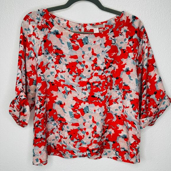 Cute Red Pink Blue Floral 3/4 Cuffed Sleeves Wide Round Neck Blouse Top L - Picture 2 of 10